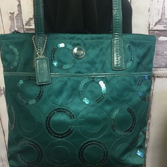 Coach Handbags - Coach Signature C Sequin Green Tote Bag F25470